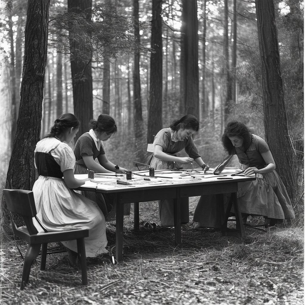 vintage painting class in a forest black and white no sepia